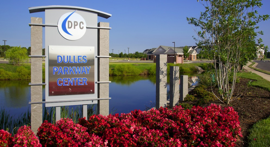 An inviting view of the entranceway sign to the Dulles Parkway Center.