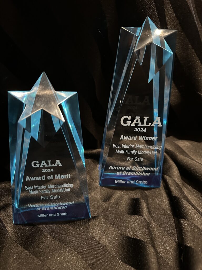 Great American Living Awards (GALA) Gold for Best Interior Merchandising for a Multi-Family Model/Unit for their Aurora model at Birchwood at Brambleton and Merit Award for Best Merchandising for a Multi-Family Model/Unit for their Verona model at the same 55+ community.